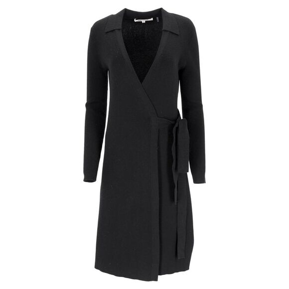Diane Von Furstenberg Mini Jeanne Knitted Long Sleeve Wrap Dress in Black